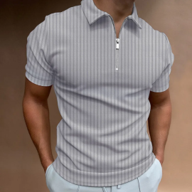 Polo masculino listrada, zper casual, cor slida, comrcio exterior